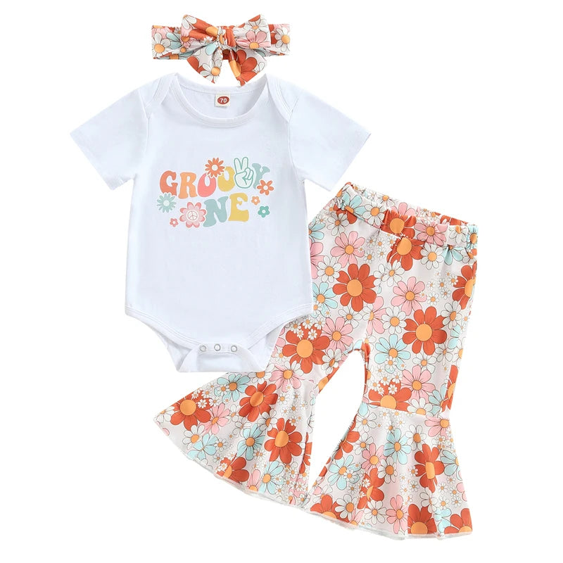 Toddler Baby Girl Clothes Birthday Outfit Groovy One Two Print Romper Top Floral Bell Bottoms Headban Set