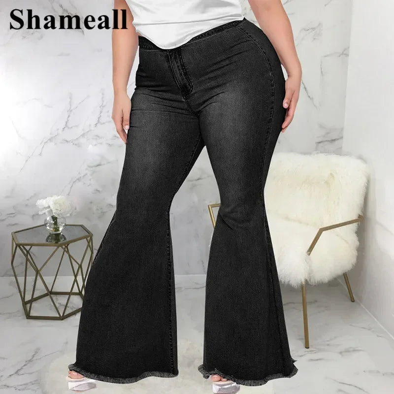 Plus Size High Waist Spliced Flared Jeans Mom 4XL Women Comfortable Elastic Tight Fringe Hem Wide Leg Trousers Women Bell Bottom