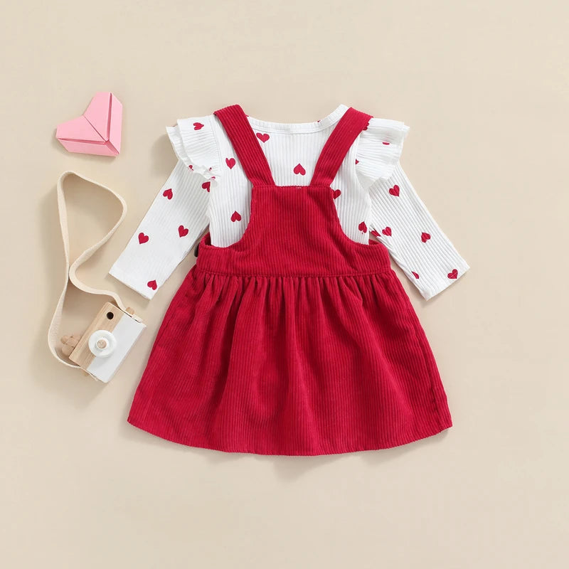 Tregren Valentine's Day Infant Newborn Baby Girls Clothes Heart Pattern Ruffle Long Sleeve Romper + Corduroy Suspender Skirt Set