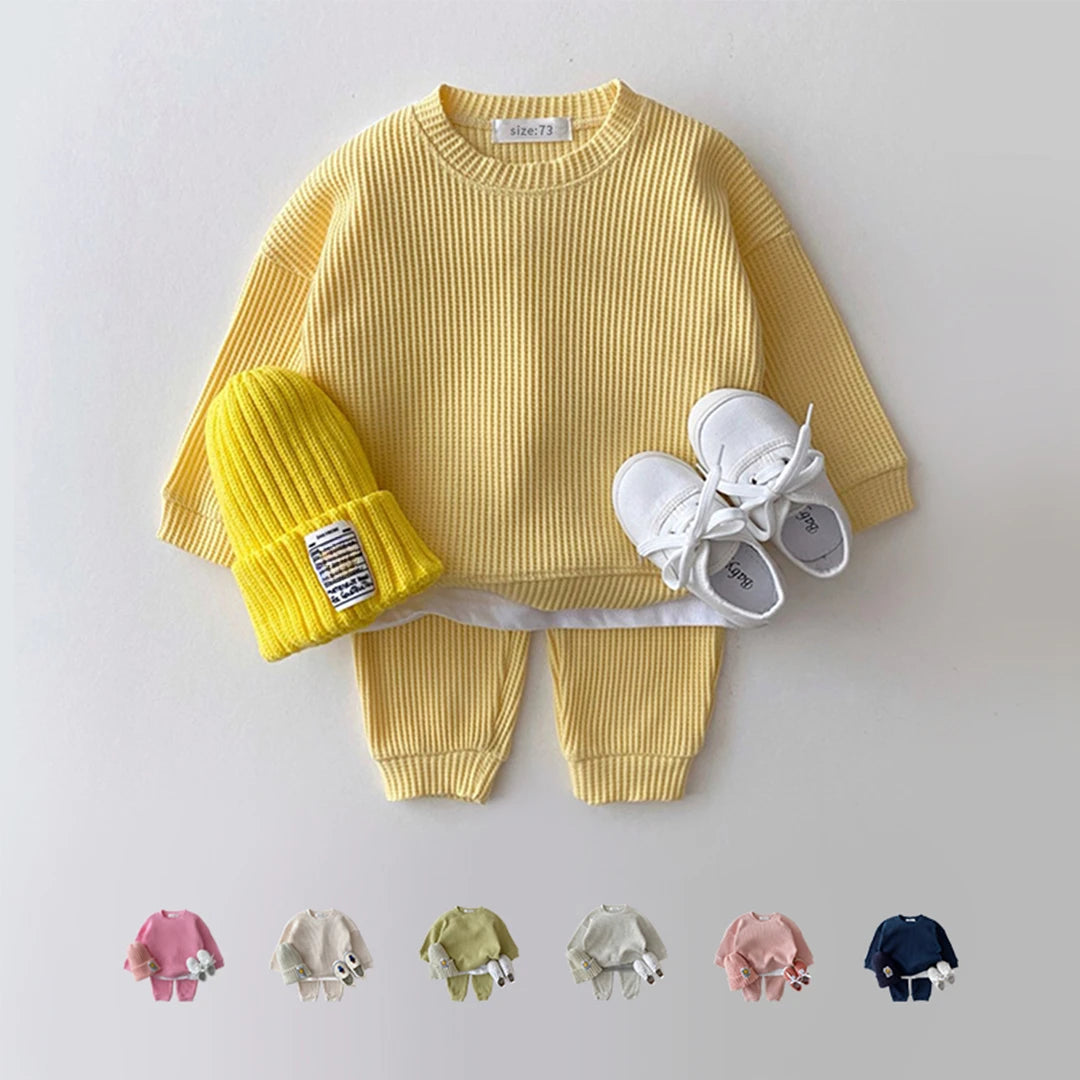 2024 Korea Toddler Baby Clothing Sets For Infant Baby Boys Clothes Set Mock Two-piece Waffle Cotton Sweatshirt+Pants 2pcs Outfit