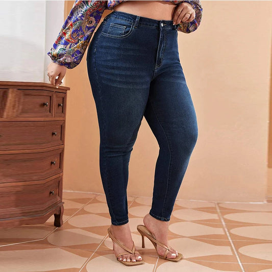 Plus Size Women Mom Jeans High Waist Plus Size Jeans High Elastic Stretch Jeans 100kgs Washed Denim Skinny Pencil Denim Pant