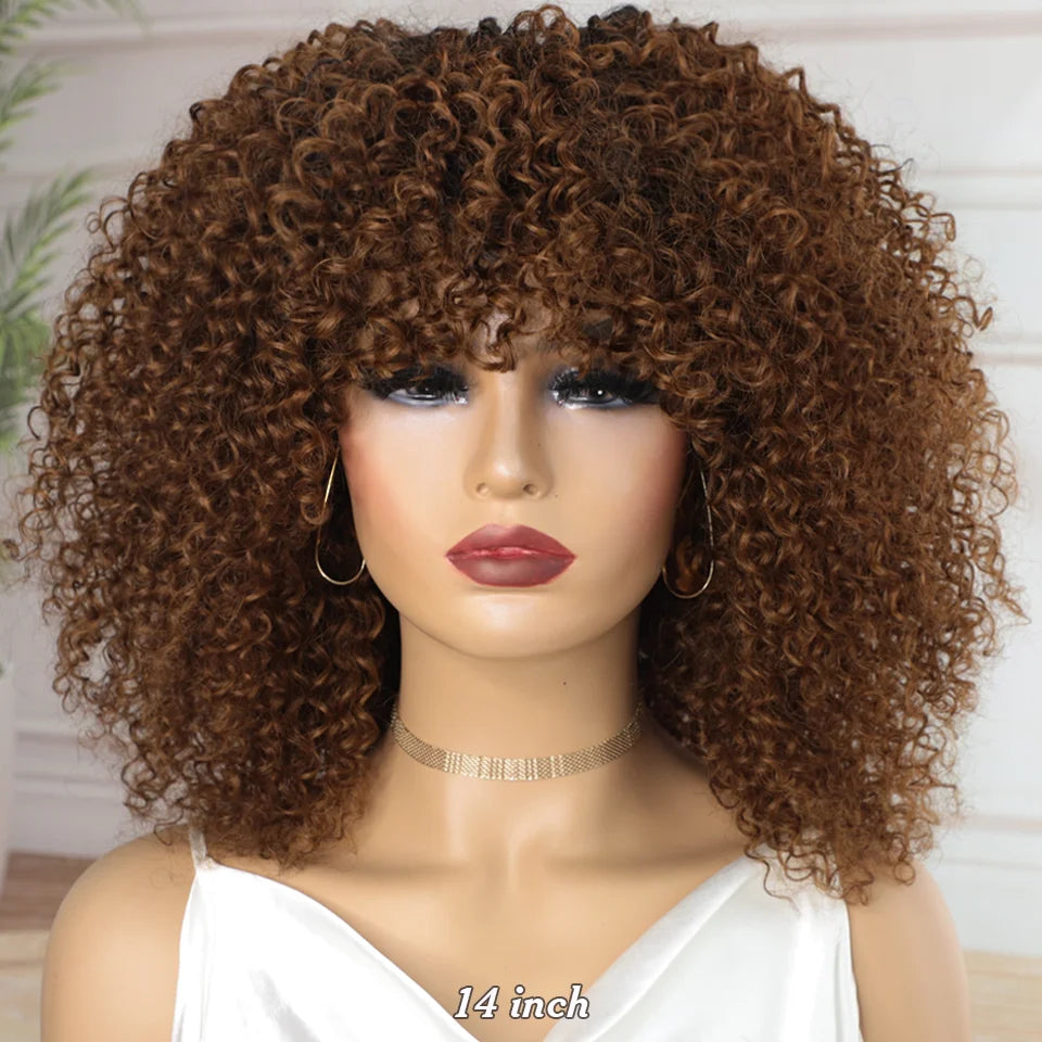 Big Curly Wig With Bangs Short Human Hair Afro Kinky Curly Wig Brown Color Glueless Full Machine Made Wig 250 Density Brazilian