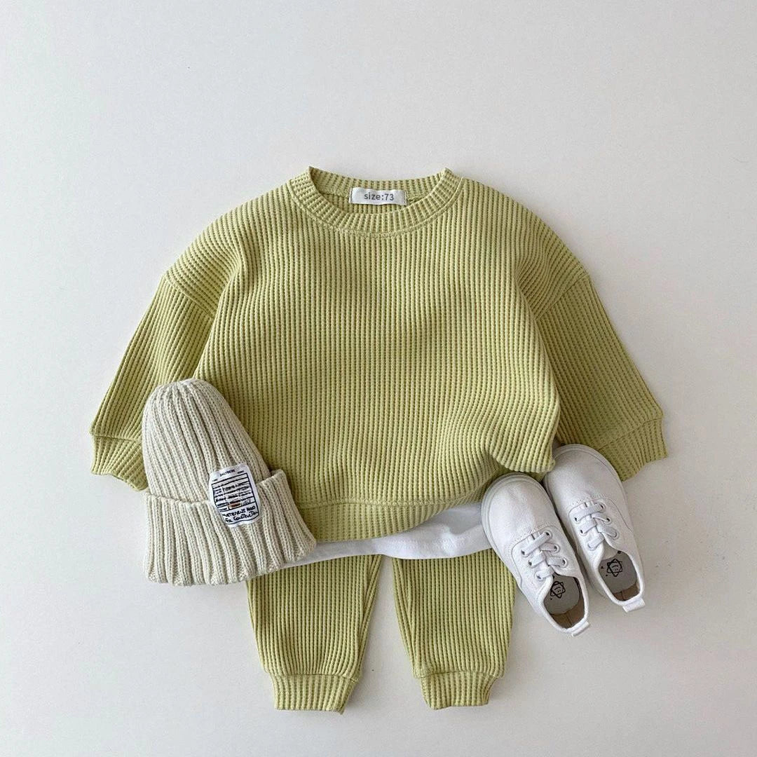 2024 Korea Toddler Baby Clothing Sets For Infant Baby Boys Clothes Set Mock Two-piece Waffle Cotton Sweatshirt+Pants 2pcs Outfit