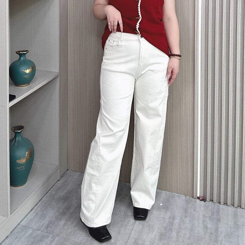 American Wide Leg Jeans Women Fall New Plus Size Loose Stretched Casual Straight Long Pants 8920