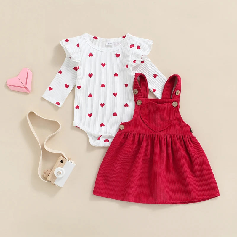 Tregren Valentine's Day Infant Newborn Baby Girls Clothes Heart Pattern Ruffle Long Sleeve Romper + Corduroy Suspender Skirt Set