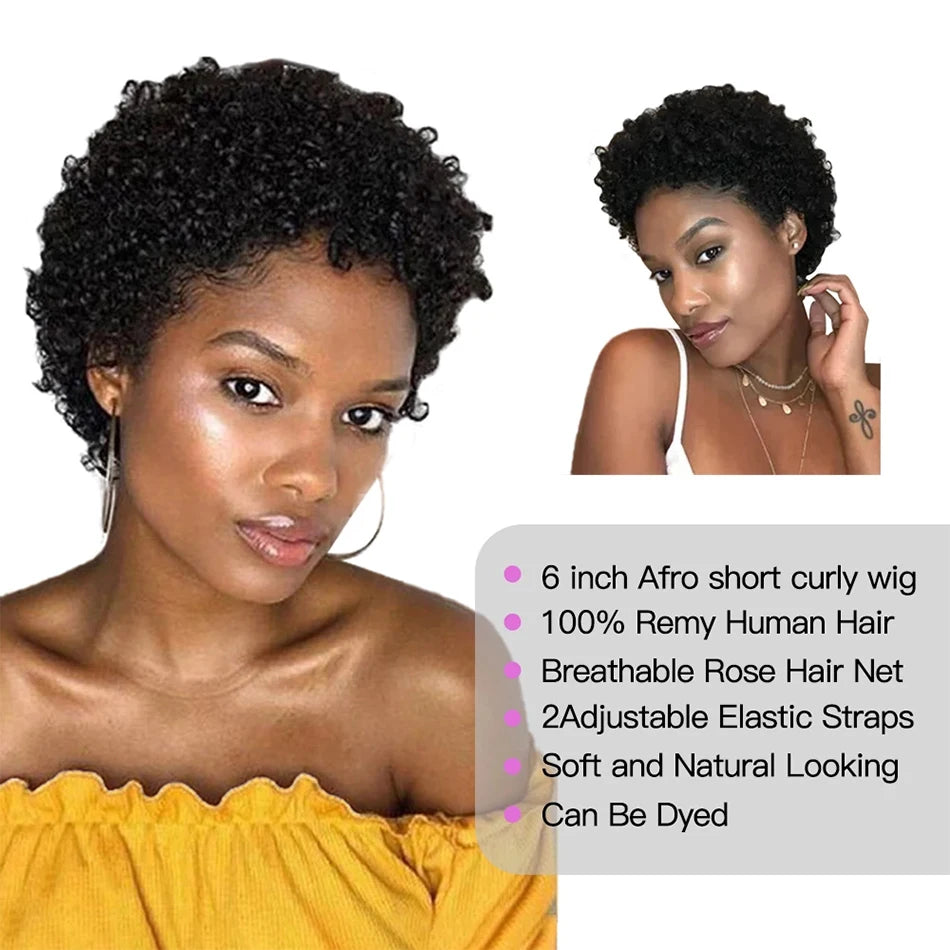 Short Afro Kinky Curly Pixie Cut Wigs For Women Human Hair Malaysian Remy 180% Density Human Hair Wigs Machine Made Wig