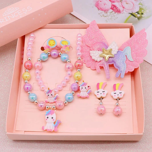 8pcs/set Baby Girls Beads Necklace Set Rainbow Unicorn Pendant Child Kids Adjustable Lovely Necklace Charm Chunky Jewelry Gifts