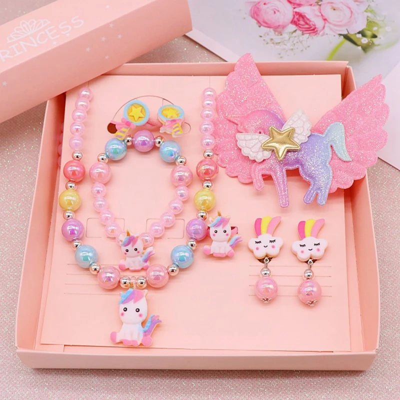 8pcs/set Baby Girls Beads Necklace Set Rainbow Unicorn Pendant Child Kids Adjustable Lovely Necklace Charm Chunky Jewelry Gifts