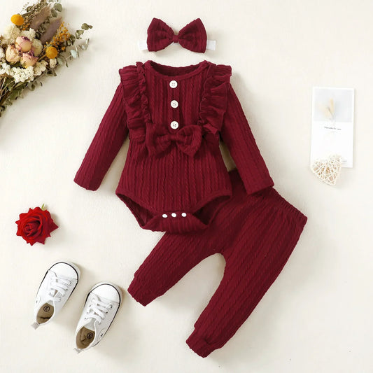 3Pcs Newborn Clothes Set Baby Girl Romper + Bow Fashion Long Sleeve Spring Autumn Winter 3 6 9 12 Months Infant Clothing