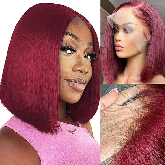 Short 99J BuG Color Bob Wig Peruvian Straight Lace Front Human Hair Wigs For Women Reddish Red Lace Part Wig With Baby Hair