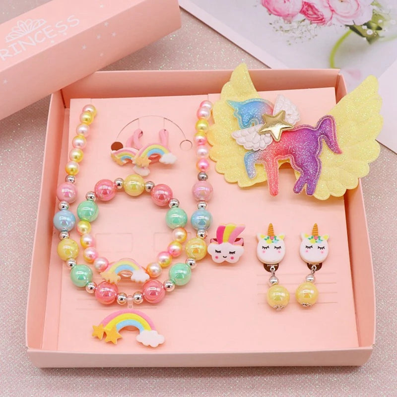 8pcs/set Baby Girls Beads Necklace Set Rainbow Unicorn Pendant Child Kids Adjustable Lovely Necklace Charm Chunky Jewelry Gifts