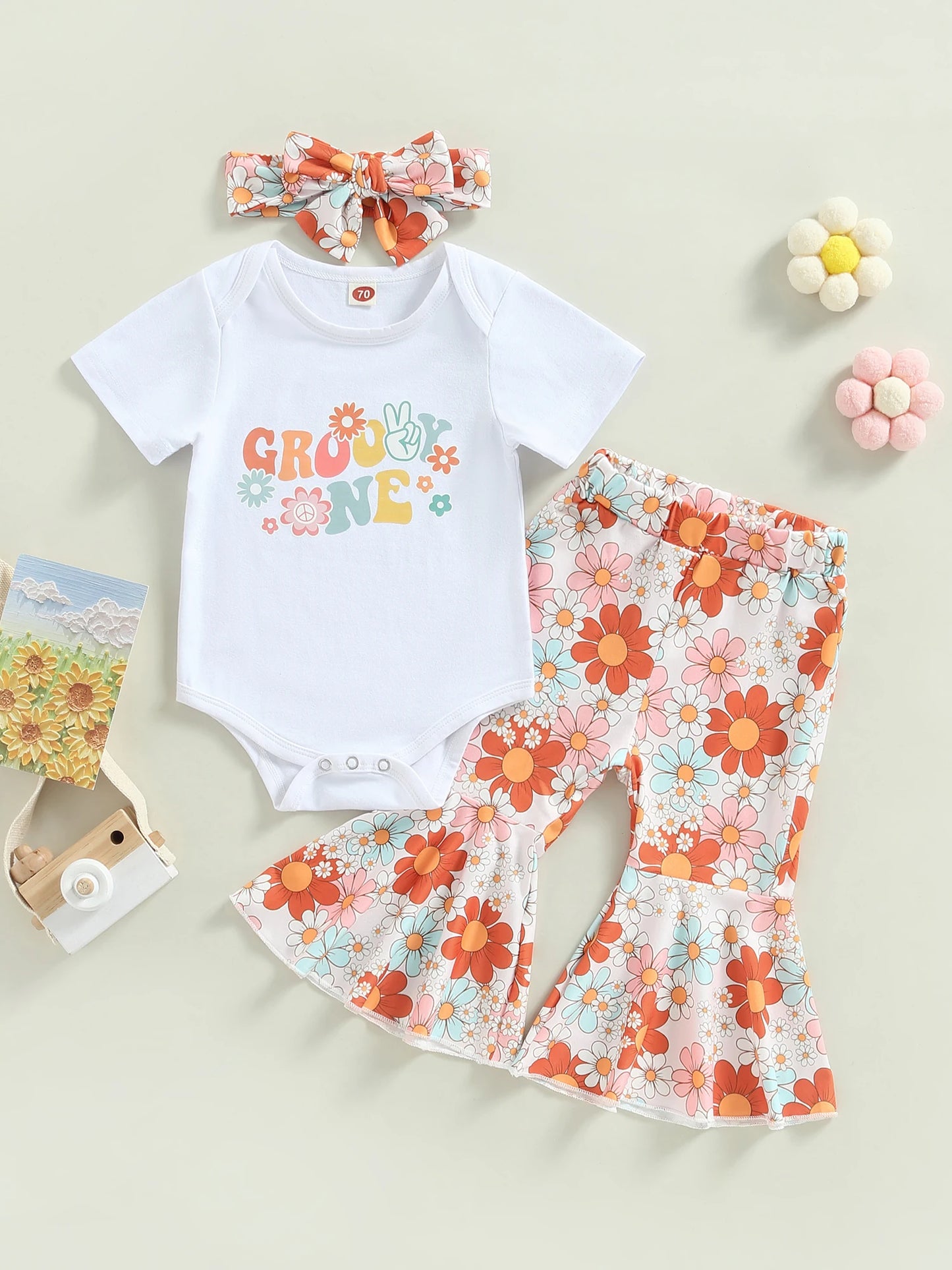 Toddler Baby Girl Clothes Birthday Outfit Groovy One Two Print Romper Top Floral Bell Bottoms Headban Set