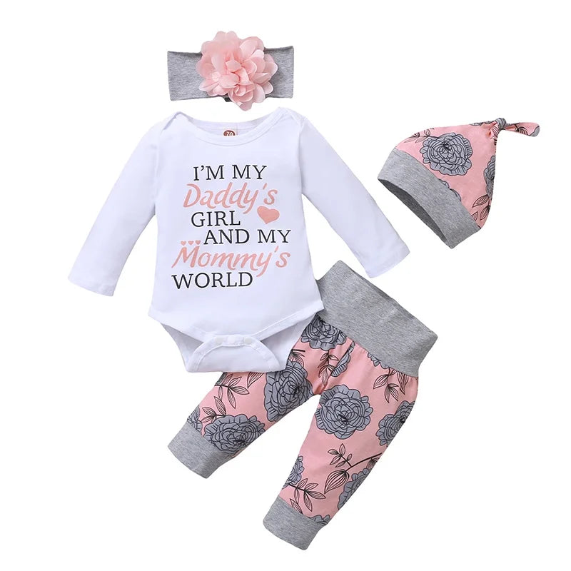 0-24 Months Newborn Baby Girl Clothing Set Long Sleeve Romper+Rose Pant+Hat+Headband Spring&Autumn 4PCS Outfit for Toddler Girl