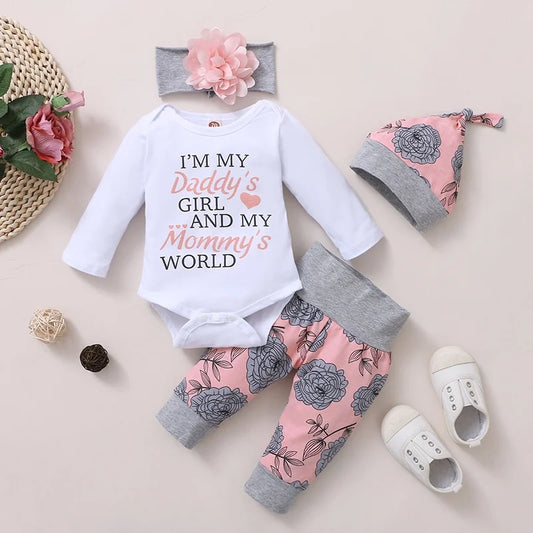 0-24 Months Newborn Baby Girl Clothing Set Long Sleeve Romper+Rose Pant+Hat+Headband Spring&Autumn 4PCS Outfit for Toddler Girl