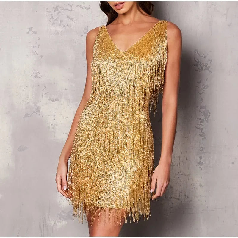 2024 Sexy Women's Fringed Sequin Feather Stitching Dress Summer Slim V-Neck Off Shoulder Dresses Female Backless Slip Mini Robe