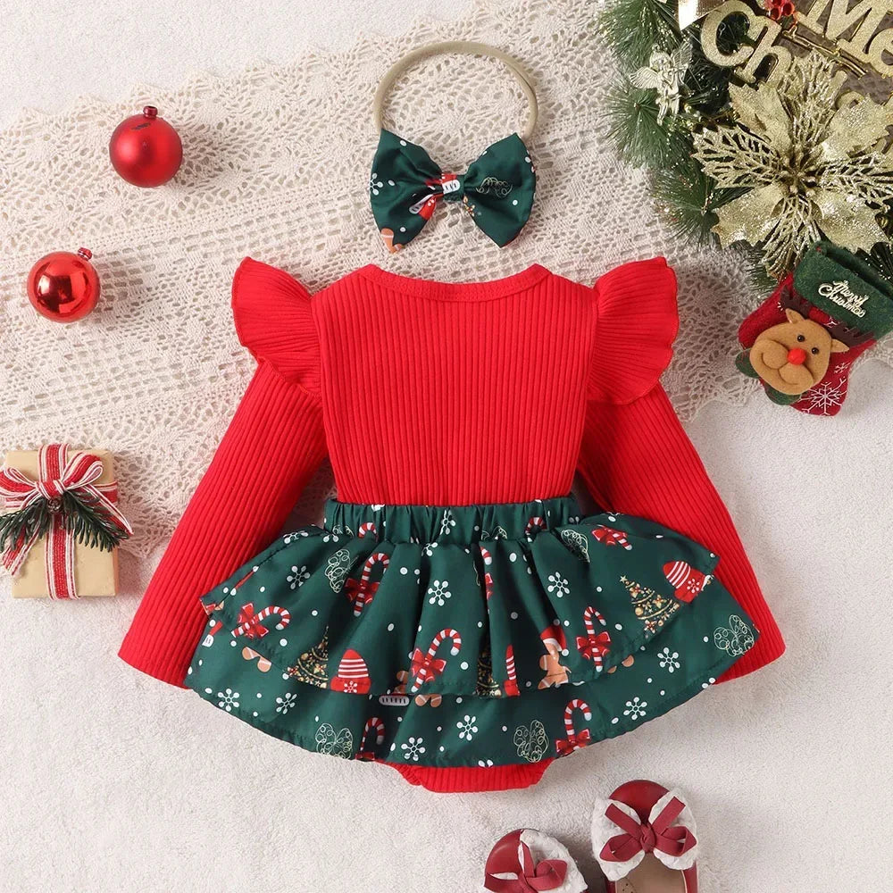 Baby Girls Christmas Clothes 0-24M Newborn Cute Bodysuit Cartoon Snowflake Print Bow Cake Skirt with Headband Infant Outfit