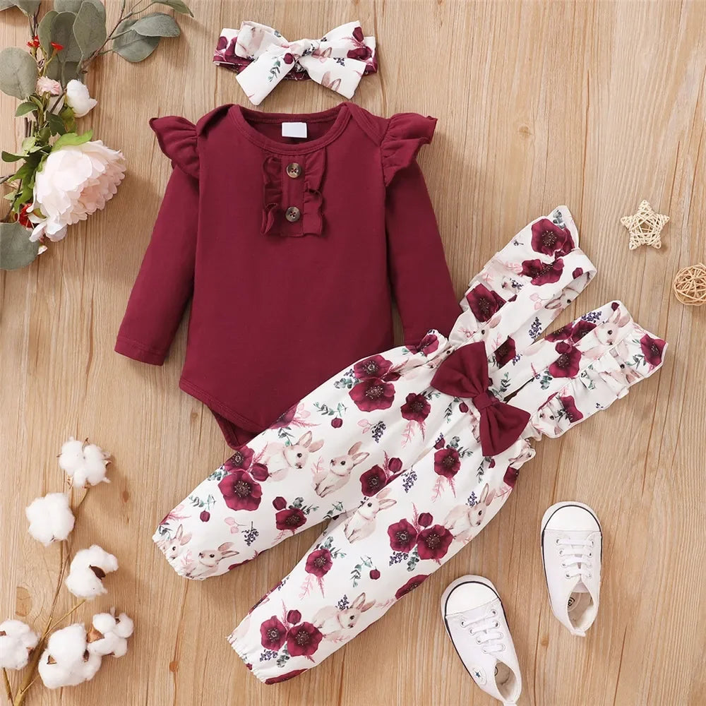 2PCS Baby Girl New Years Clothes Set Red Color Long Sleeved Bodysuit+Flower Strap Pants Clothes Suit for Infant Girl 0-18 Months