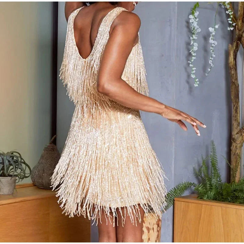 2024 Sexy Women's Fringed Sequin Feather Stitching Dress Summer Slim V-Neck Off Shoulder Dresses Female Backless Slip Mini Robe