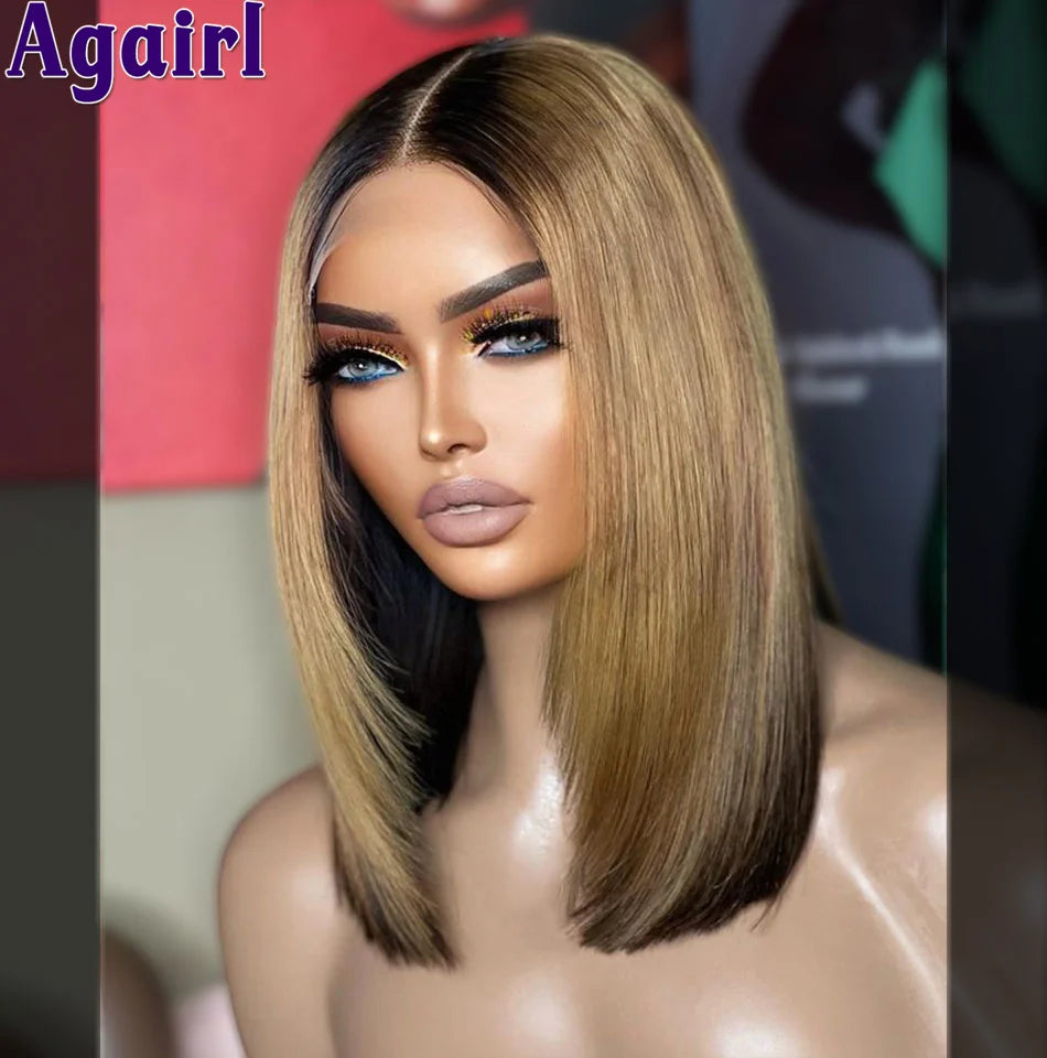 Ombre Blonde Black Bob Frontal Wig Human Hair Ready To Wear 200% Density Straight Short Bob Lace Front Wigs for Women PrePlucked