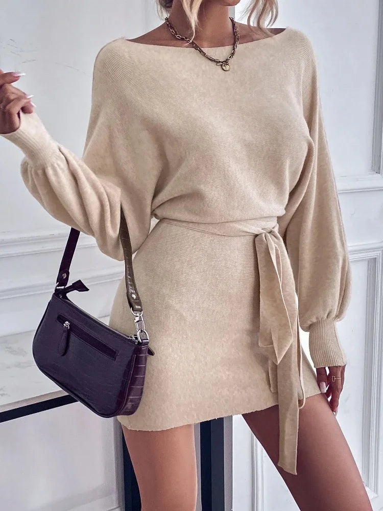 Elegant Long Sleeve Bodycon Dress Women 2024 Boat Neck Batwing Sleeve Belted Dress Sweater Wool Woman Winter Commute Mini Dress