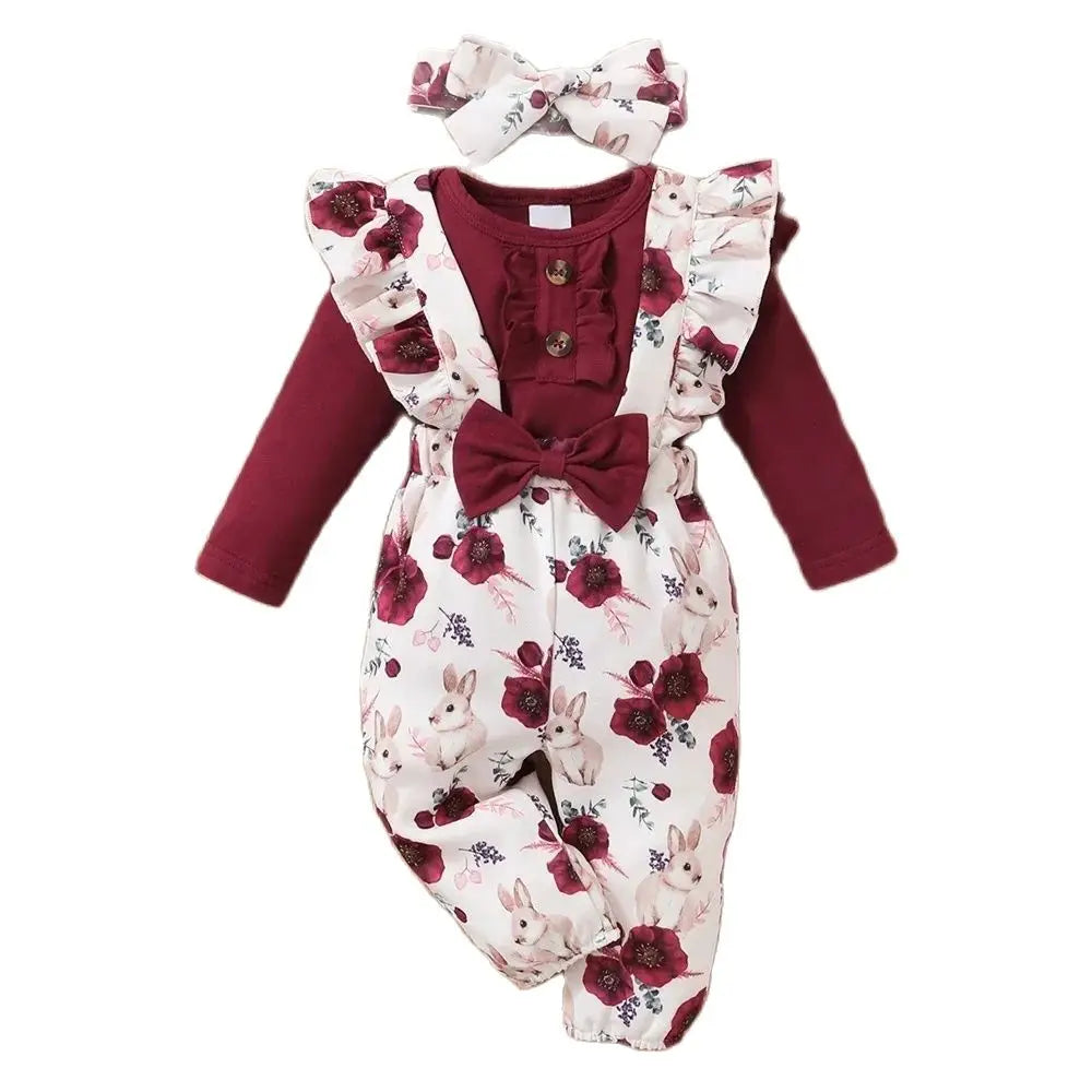 2PCS Baby Girl New Years Clothes Set Red Color Long Sleeved Bodysuit+Flower Strap Pants Clothes Suit for Infant Girl 0-18 Months