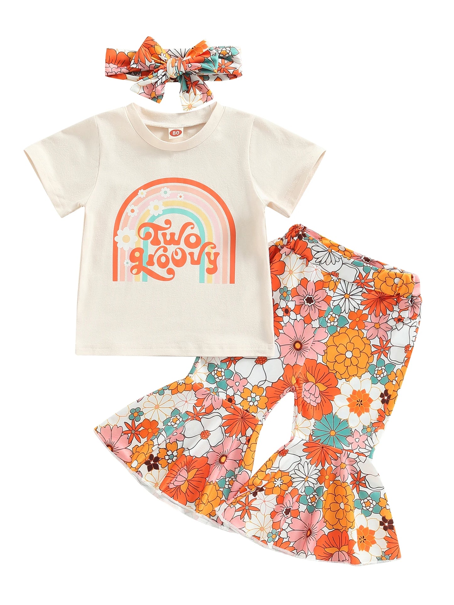 Toddler Baby Girl Clothes Birthday Outfit Groovy One Two Print Romper Top Floral Bell Bottoms Headban Set