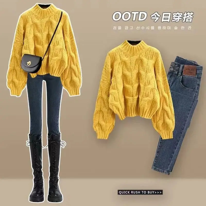 Autumn/Winter Korean New Women's Set Half High Collar Knitted Knitted Flower Sweater+Slimming Jeans Two Piece Set