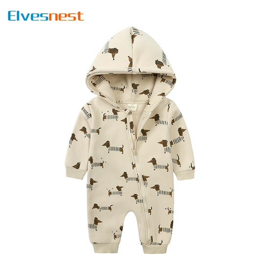 Cartoon Print Baby Girl Romper Long Sleeve Hooded Zipper Newborn Clothes Boys Rompers Spring & Autumn Baby Clothing 3-24 Months