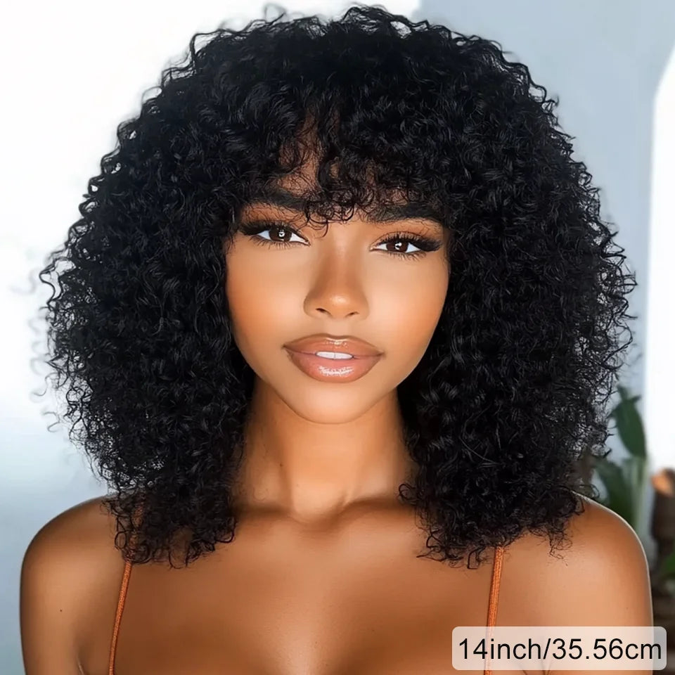 Big Curly Wig With Bangs Short Human Hair Afro Kinky Curly Wig Brown Color Glueless Full Machine Made Wig 250 Density Brazilian