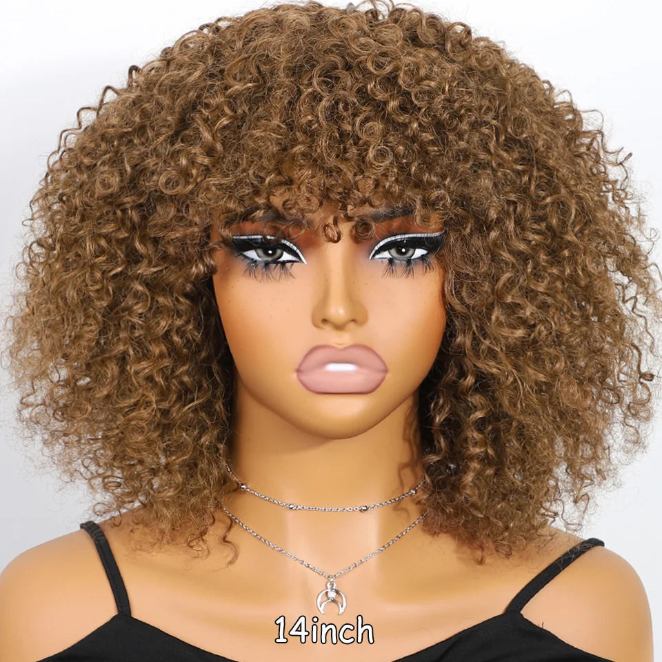 Big Curly Wig With Bangs Short Human Hair Afro Kinky Curly Wig Brown Color Glueless Full Machine Made Wig 250 Density Brazilian