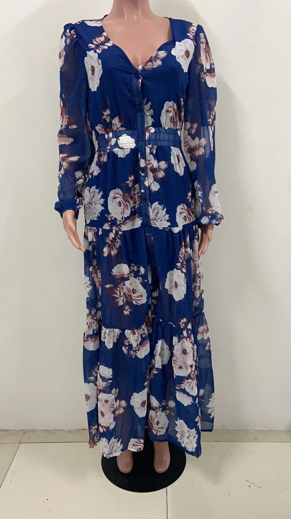 2021 Summer Floral Print sexy V-Neck Chiffon Maxi Dress Casual Loose Long Sleeve Lantern Sleeve Beach Wear Style Dress