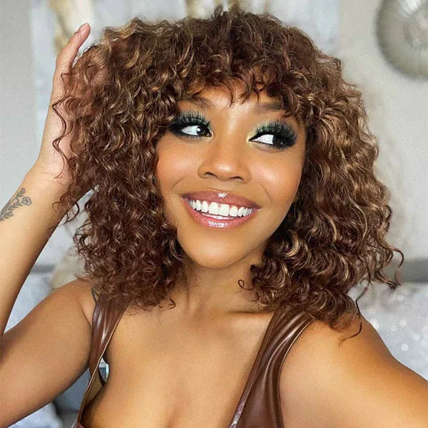 Highlight Jerry Curly Bob With Bangs Brown Water Wave Bob Wig For Black Women Machine Made Omber Brazilian Remy Human Hair Wig