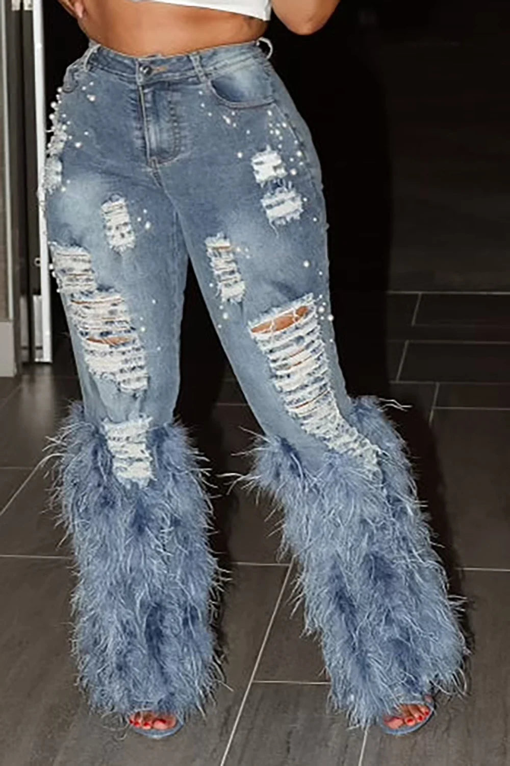 Plus Size Casual Denim Hollowed Out Wide Leg Pants Ripped Jeans