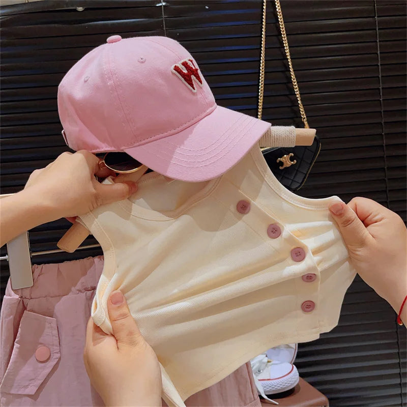 Children's New Summer Suit Girls Fashion Sleeveless Undershirt Work Pants Suit Children Round Neck Casual Clothes 2-8 Years Old