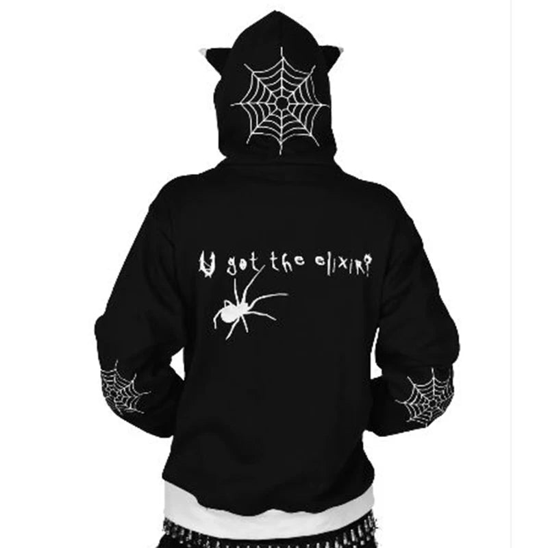 Y2K Style Wonen Hoodie Gothic Devil Ears Hoodies Spider Letter Print Hoodie Zipper Streetwear Punk Sweatshirt Y2k Jacket 2023