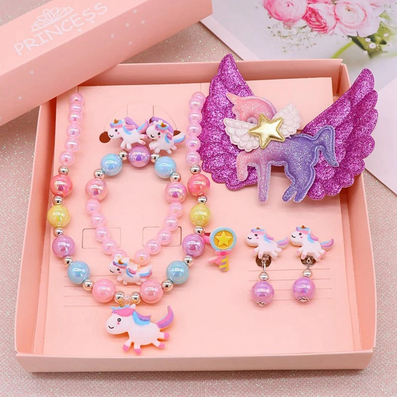 8pcs/set Baby Girls Beads Necklace Set Rainbow Unicorn Pendant Child Kids Adjustable Lovely Necklace Charm Chunky Jewelry Gifts